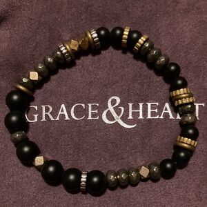 Grace & Heart Black Onyx/Pyrite/Sterling Silver/Brass Beaded Stretch Bracelet